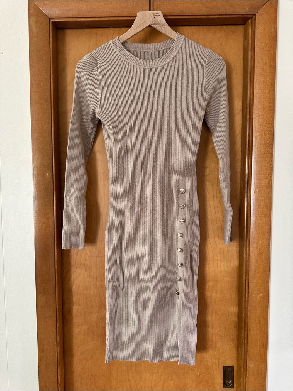 Ribbed Long Sleeve Midi Dress with Side Buttons - Beige